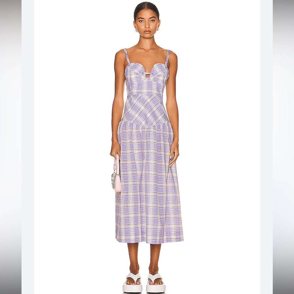 GANNI‎ Seersucker Check Midi Dress Plaid Purple Midi Dress Size 44